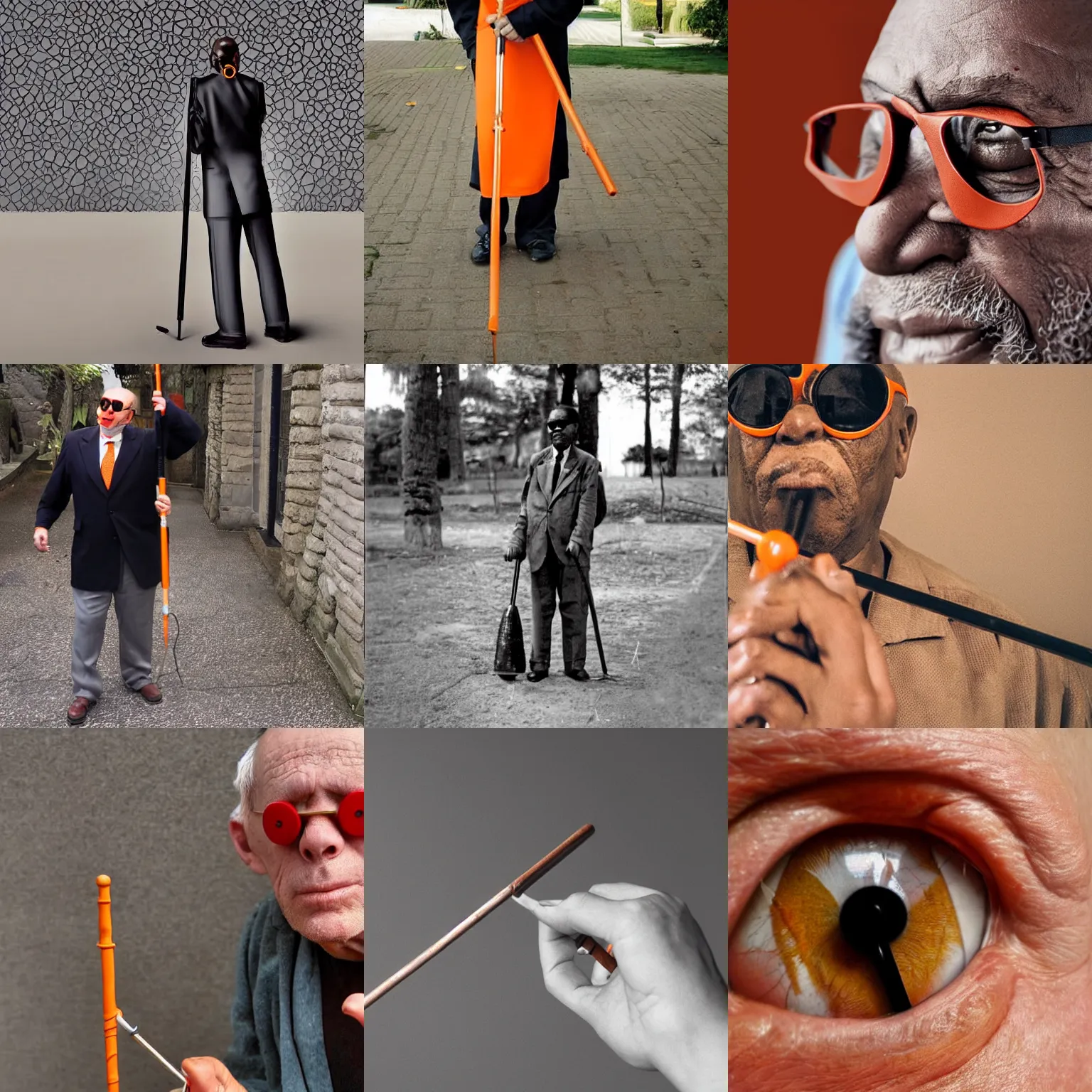Prompt: a blind man with an orange blindness cane