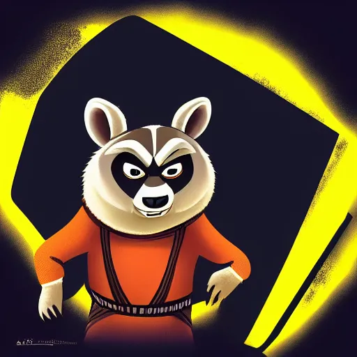 Image similar to “ portrait of a racoon in the style of kung fu panda holding laser gun, with a black background, digital art, award winning, trending on art station, retro style ”