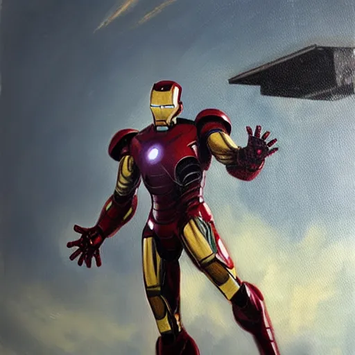 Prompt: photorealistic oil painting of a scrap built iron man suit flying in a post apocalyptic world