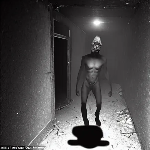 Image similar to hi - 8 night vision camera found - footage of a barely visible, human bipedal minotaur, shrouded in darkness at the end of an extremely dark, unlit hallway in a basement of an abandoned house