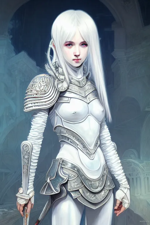 Image similar to portrait white hair knights of zodiac girl, matt white ice color armor, in ruined agora of athens, ssci - fi and fantasy, intricate and very very beautiful and elegant, highly detailed, digital painting, artstation, concept art, smooth and sharp focus, illustration, art by tian zi and wlop and alphonse mucha and ilya kuvshinov