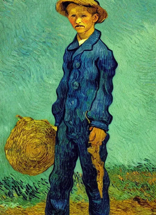 Image similar to lifelike oil painting portrait of tom sawyer by van gogh