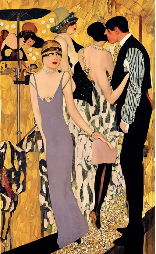 Image similar to an oil painting of jazz age high society life, 1920s style, dressed in 1920s fashion, smooth, highly detailed, high contrast, by Klimt, Coles Phillips, Dean Cornwell, JC Leyendecker, 8K