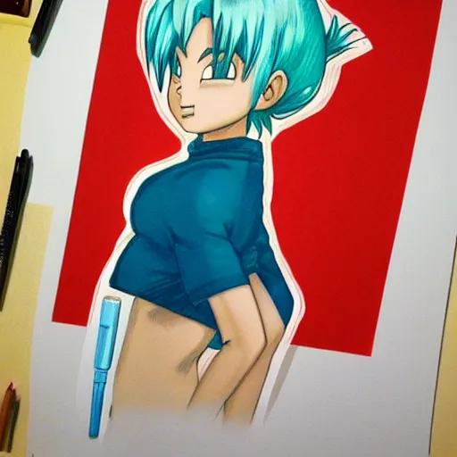 Image similar to hyper realistic drawing of bulma from dragonball z.