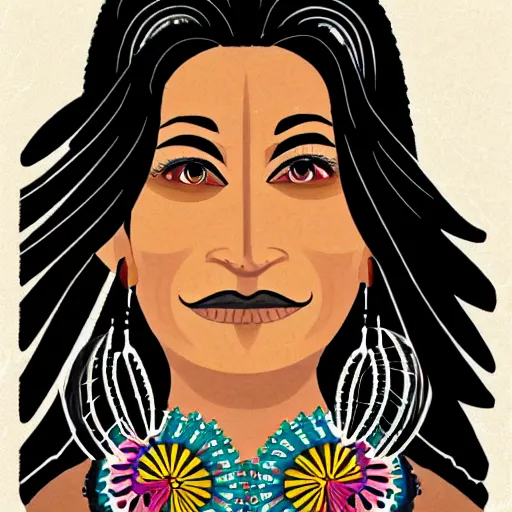 Image similar to beautiful illustration of a mexican woman of 4 0 years old, with curly black and silver hair, the woman has beautiful black eyes, her skin is light brown, she is dressed in shaman clothes, in the style of diego rivera