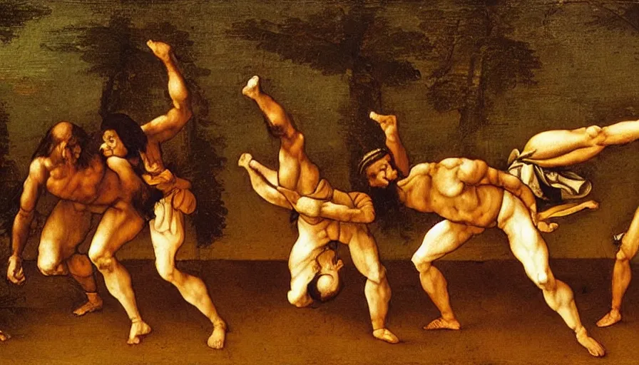 Prompt: capoeira, painting by leonardo da vinci