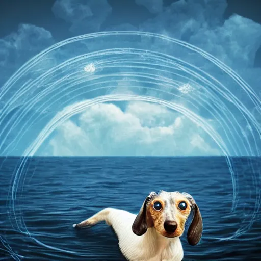 Image similar to an elderly, light gray wire-haired dachshund floating in heaven, blue sky, surrounded by beautiful white clouds, with a halo over his head