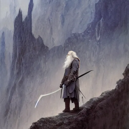 Image similar to beautiful gandalf with a sword in his hand on a bridge fighting the balrog, by alan lee, lord of the rings, smooth, detailed terrain, oil painting, matte painting, concept art, trending on artstation