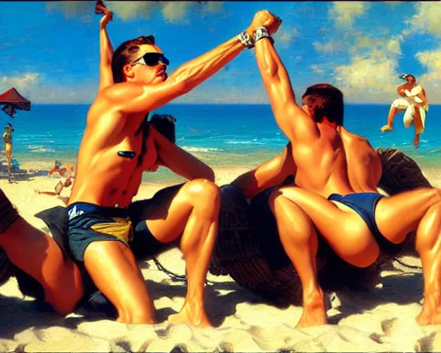 Prompt: top gun beach volleyball scene, cool colors, hard angles, painting by gaston bussiere, craig mullins, j. c. leyendecker, tom of finland