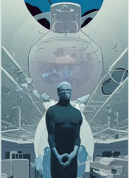 Image similar to poster artwork by Michael Whelan and Tomer Hanuka, of Delos Incorporated, clean