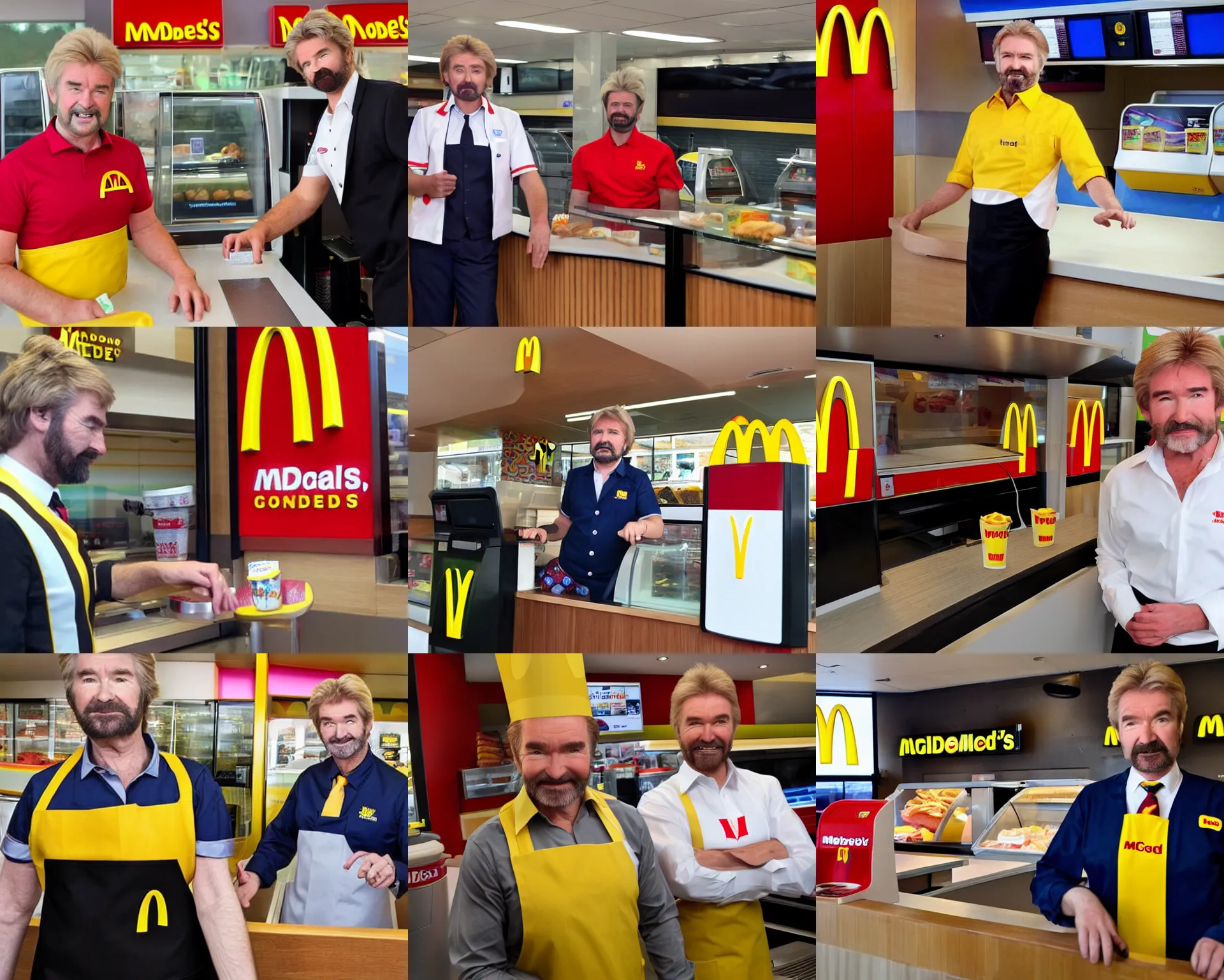 Prompt: noel edmonds wearing mcdonalds uniform, behind the counter at mcdonalds