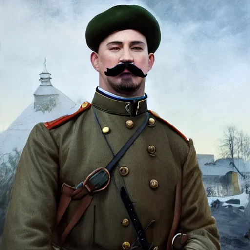 Prompt: fullbody portrait of channing tatum with handlebar moustache wearing russian ww 1 clothes, with dark black beanie on head, white thatch houses in village at background, style ivan talavera and artgerm, radiant lighting, hyper realistic, photorealistic, octane render, trending on artstation, cgsociety, cinematic light, global illumination
