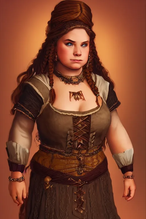 Prompt: Portrait | chubby female dwarf noblewoman | brocade dress | beautiful elaborated braided hair | style by Larry elmore | dramatic light | high detail | cinematic lighting | artstation | Regal and Proud robust woman| bold serious expression | dungeons and dragons |