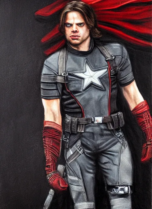 Image similar to baroque painting of sebastian stan as the winter soldier by virginia vezzi. highly detailed, dramatic lighting