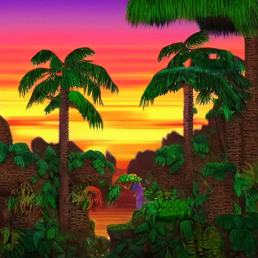 Prompt: still of sunset in the jungle of donkey kong country snes, in the movie hook, real life, photorealistic, soft focus, long exposure