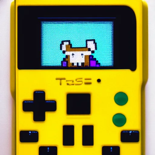 Prompt: Cute yellow teddy bear playing Tetris on a Game Boy.