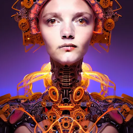 Image similar to portrait of the beautiful young robotic goddess of poppy, surreal, fantasy, intricate, mechanical, elegant, dramatic lighting, emotionally evoking symbolic metaphor, highly detailed, gears, lifelike, photorealistic, digital painting, painterly, artstation, concept art, smooth, head in focus, sharp focus, illustration, art by John Collier and Krenz Cushart and Artem Demura and Alphonse Mucha and Albert Aublet,