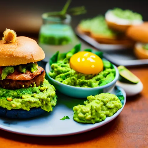 Image similar to juicy vegan hamburger topped with guacamole, fried onion and a vegan fried egg, crispy buns, 8 k resolution, professional food photography, studio lighting, sharp focus, hyper - detailed