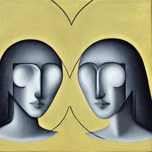 Image similar to perfectly centered symmetrical split male and female portrait of man and woman in love sharing one heart ; art by gertrude abercrombie