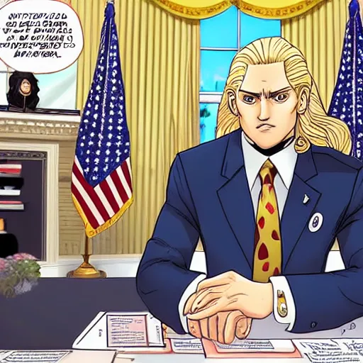 Prompt: funny valentine in the oval office, jojo, manga