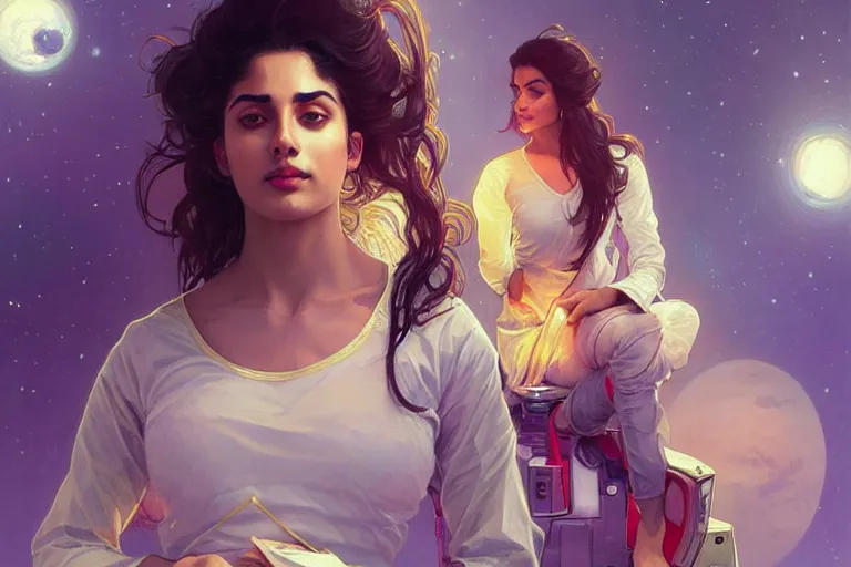 Image similar to Sensual good looking pale young Indian doctors wearing jeans in a space station above Earth, portrait, elegant, intricate, digital painting, artstation, concept art, smooth, sharp focus, illustration, art by artgerm and greg rutkowski and alphonse mucha