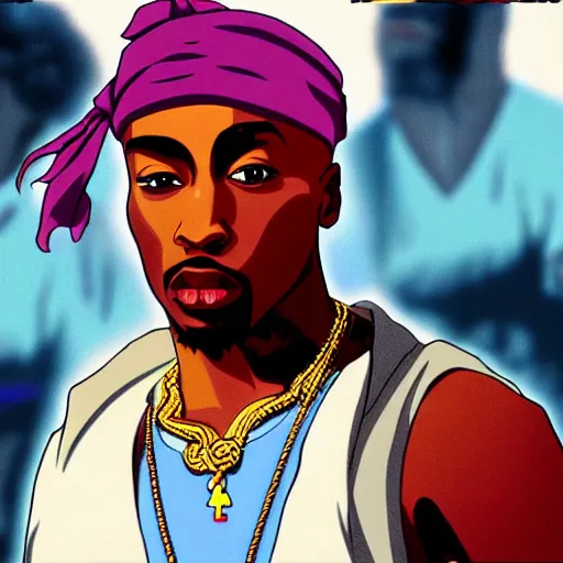 Image similar to Tupac Shakur, screenshot from a 2012s anime