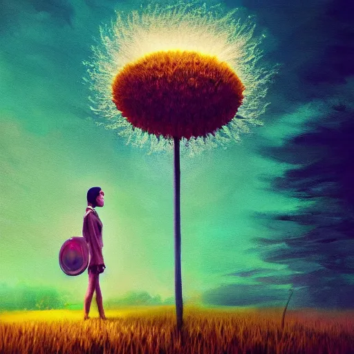 Image similar to giant daisy flower under head, frontal, a girl in a suit, surreal photography, sunrise, dramatic light, impressionist painting, digital painting, artstation, simon stalenhag