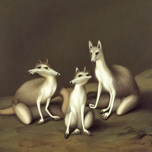 Image similar to group of long necked fox wolf rats wearing coats, by george stubbs