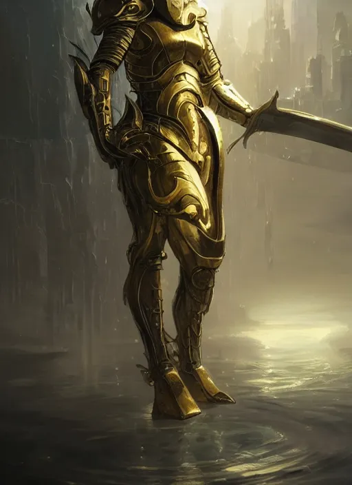 Image similar to knight with angel vibe in heavy gold and white armor, full body silhouette. dark water, tentacles, cyberpunk pearl armor, futuristic fantasy, highly detailed, digital painting, trending on artstation, concept art, sharp focus, illustration, art by artgerm and nixeu and greg rutkowski and magali villeneuve.