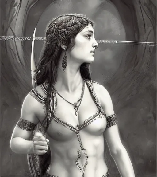 Image similar to beautiful young aphrodite goddess as an archer warrior, realistic face, beautiful eyes, black and white drawing, in the style of greg rutkowski, fantasy, amazing detail, epic, intricate, elegant, smooth, sharp focus