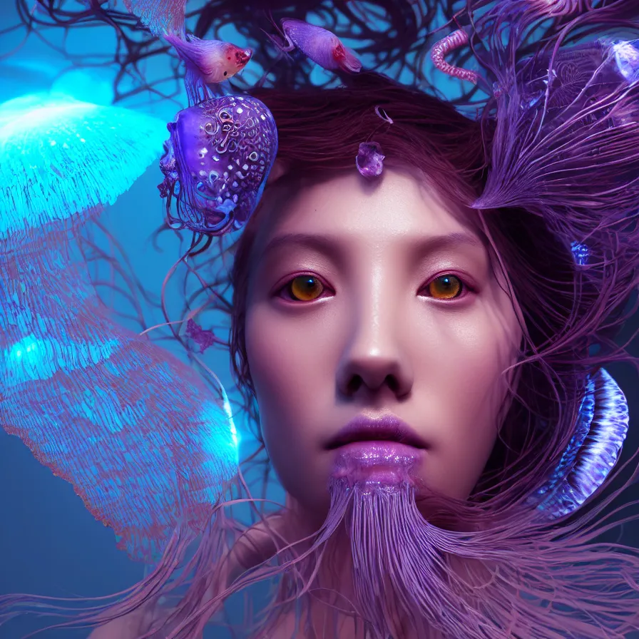 Prompt: goddess close-up portrait. orchid jellyfish phoenix head, nautilus, skull, betta fish, bioluminiscent creatures, intricate artwork by Tooth Wu and wlop and beeple. octane render, trending on artstation, greg rutkowski very coherent symmetrical artwork. cinematic, hyper realism, high detail, octane render, 8k