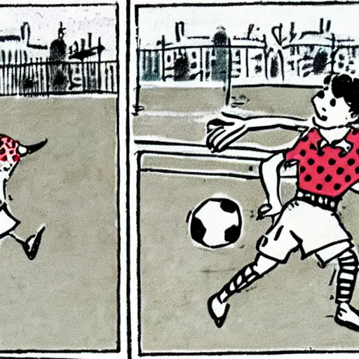 Image similar to illustration of french boy in paris playing football against a corgi, the dog is wearing a polka dot scarf, comic, 1 9 6 2