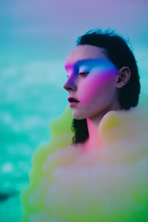 Image similar to high quality pastel coloured film close up wide angle photograph of a model wearing clothing swimming on cloud furniture in a icelandic black rock!! environment in a partially haze filled dreamstate world. three point light, rainbow. photographic production. art directed. pastel colours. volumetric clouds. pastel gradient overlay. waves glitch artefacts. extreme facial clarity. 8 k. filmic.