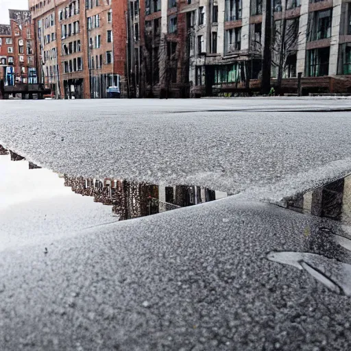 Image similar to realistic photo of puddle on sidewalk, buildings in reflection