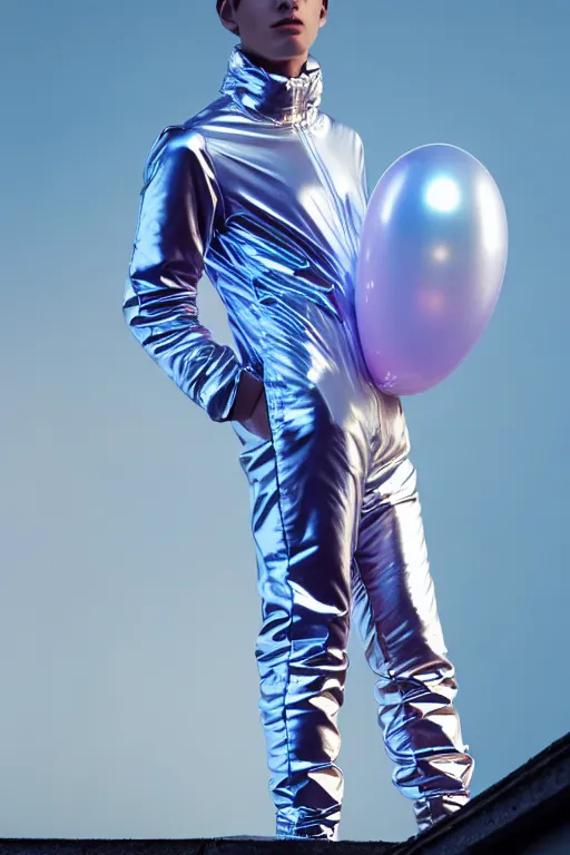 Image similar to un ultra high definition studio quality photographic art portrait of a young man standing on the rooftop of a british apartment building wearing soft baggy inflatable padded silver iridescent pearlescent clothing. three point light. extremely detailed. golden ratio, ray tracing, volumetric light, shallow depth of field. set dressed.