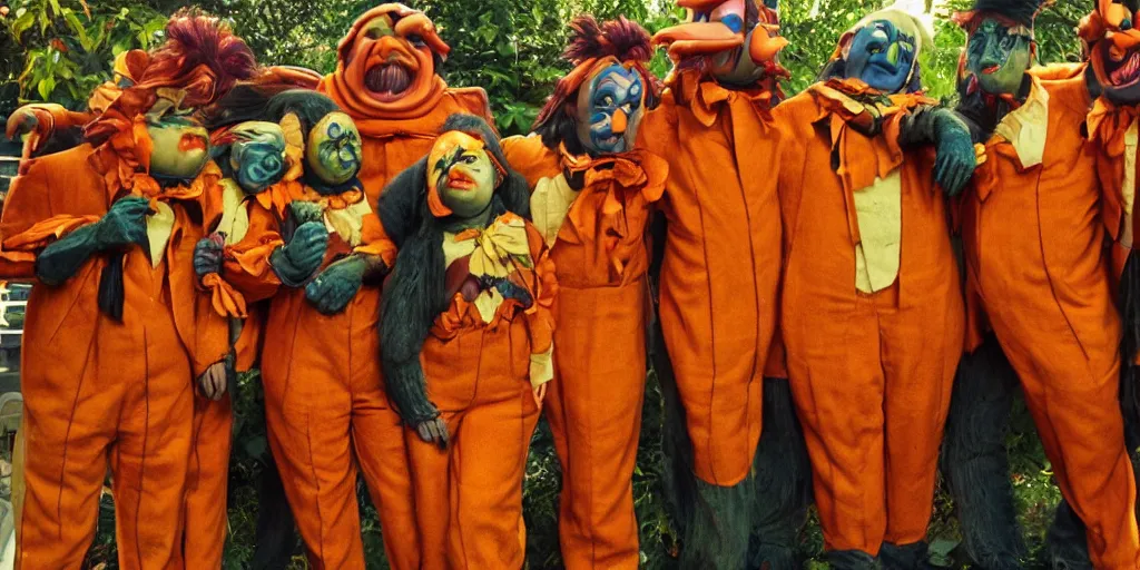 Prompt: photo of oompa loompas, creepy!!!, scaly!!!, gritty!!!, menacing!!!, evil, ultra realistic, gritty, outside of chocolate factory, golden hour, volumetric lighting, sharp focus