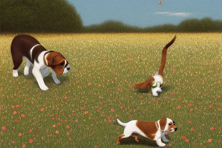 Image similar to white and brown beagle dog playing in a flowery field by Quint Buchholz