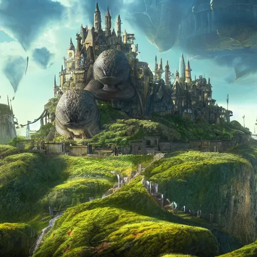 Image similar to giant tortoise walking with a large fantasy castle rising growing from the top of it, distant shot birds eye view, fantasy, hyper detailed, 4 k, howls moving castle, mortal engines,