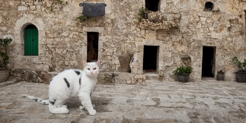 Image similar to photography of a cat with mortadela in his mouth at italian puglia with trulli houses in the background, photoreal, 3 5 mm, award winning photography