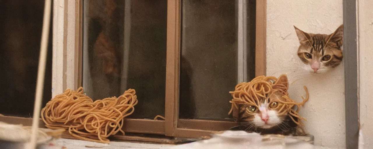 Image similar to a cat playing with spaghetti on a windowsill, city apartment, small details, intricate, sharply focused, canon 5 0 mm, wes anderson film, kodachrome