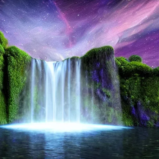Prompt: a mystical waterfall flowing into a galaxy, 4 k, hd, ultra realistic, highly detailed, magical