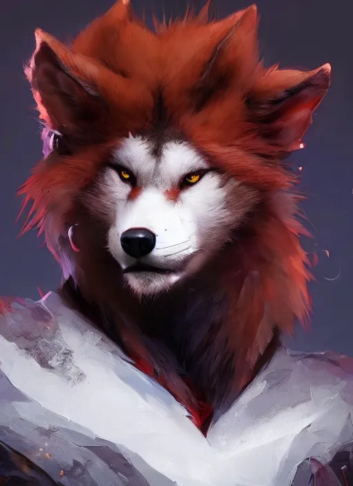 Image similar to beautiful portrait of a handsome black male anthropomorphic wolf fursona long red hair in destiny 2. character design by cory loftis, fenghua zhong, ryohei hase, ismail inceoglu and ruan jia. artstation, volumetric light, highly detailed, photorealistic, fantasy, rendered in octane