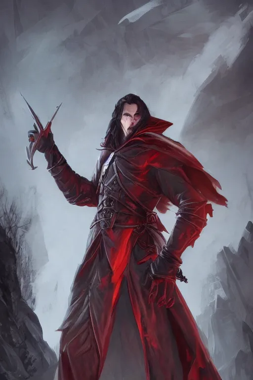 Image similar to full body shot of an intimidating male dhampir in the style of dungeons and dragons by Artgerm and Arian Mark, long coat, long dark hair, red eyes, low angle shot, highly detailed, trending on artstation, cgsociety, 4k, 8k, HDR, octane render, unreal engine