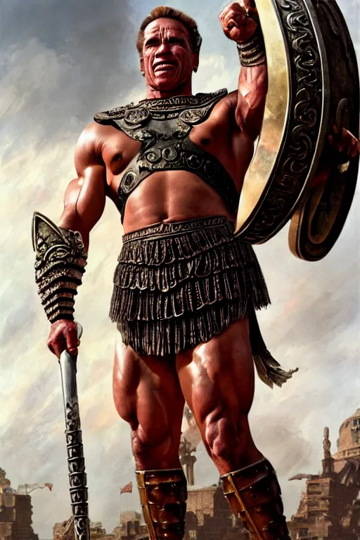 Prompt: old arnold schwarzenegger as a roman gladiator, fantasy, intricate, artstation, full body, concept art, smooth, sharp focus by huang guangjian and gil elvgren and sachin teng, 8 k