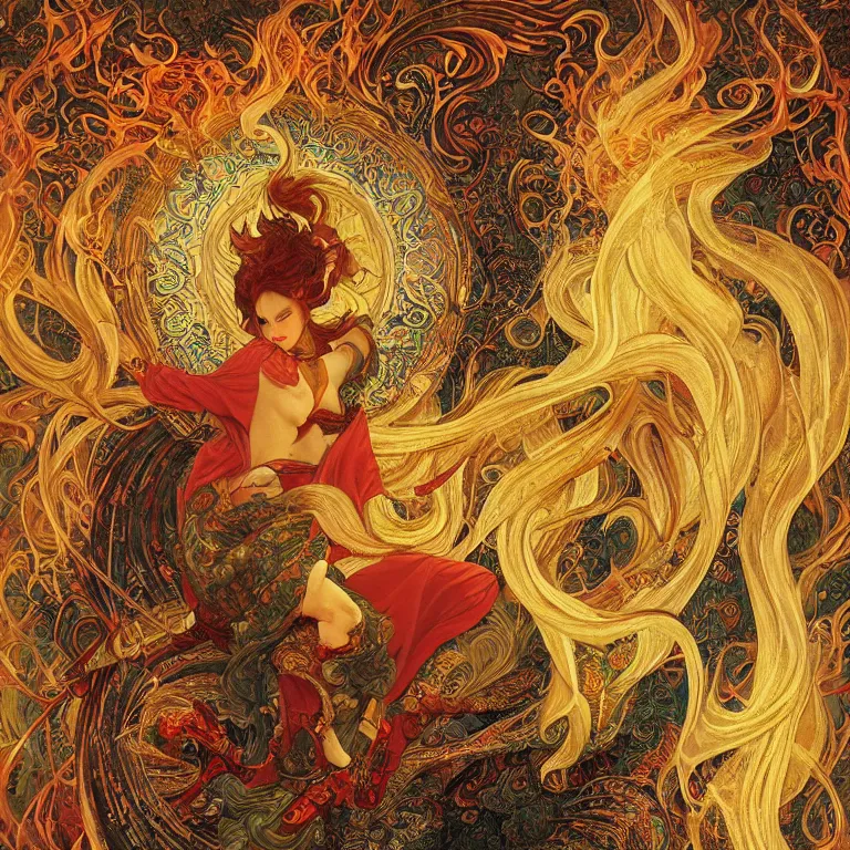 Prompt: breathtaking detailed painting of a fire dancer, christian saint, in the middle of a rosace of flames, ornate background with art nouveau frame, by Hsiao-Ron Cheng, Rebecca guay,