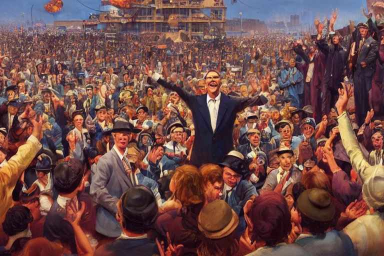 Prompt: a picture of a happy salesman at a podium speaking to a crowd of worshipers, a detailed matte painting by mort kunstler, pixiv, kitsch movement, hellish background, movie poster, official art