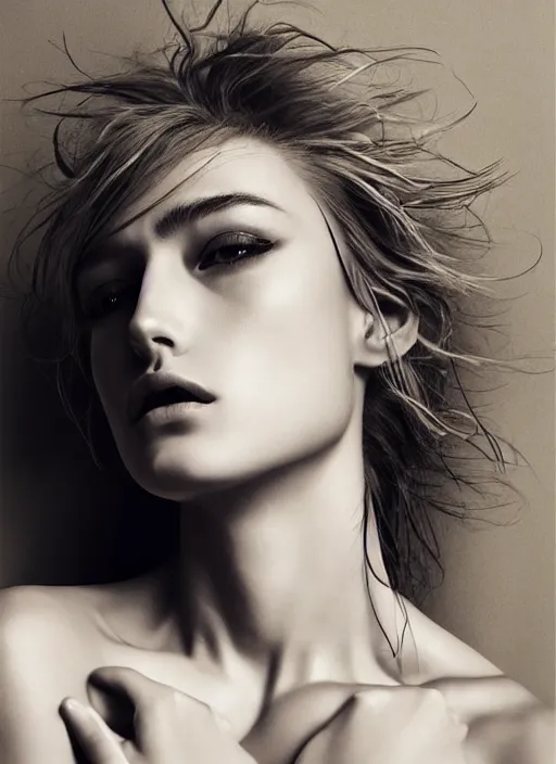 Prompt: a gorgeous female, photo by peter lindbergh, realistic, smooth face, perfect eyes, symmetrical, full body shot, wide angle, sharp focus, 8 k high definition, insanely detailed, intricate, elegant, art by artgerm