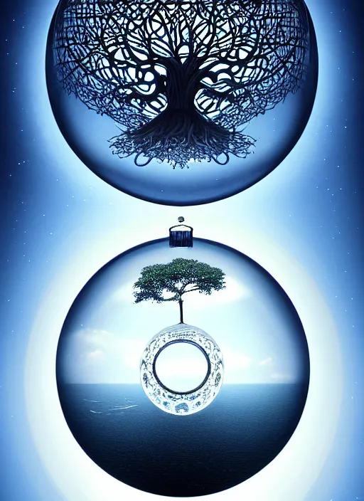 Image similar to transparent horizontally centered crystal sphere floating over a serene lake, tree of life inside the ball, intricate details, radiant light, reflections on the water, ripples, moody sky, hyperdetailed illustration by yuumei, by mark brooks, john harris, artstation, low global light, coherent composition