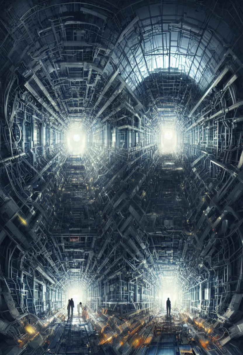 Image similar to man trapped inside cern large hadron collider, pulled apart, ultra high definition, ultra detailed, matte painting, by greg rutkowski and ross tran and wlop