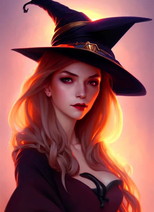 Prompt: portrait of cute attractive sexy witch wearing a witch hat, highly detailed, digital painting, artstation, concept art, matte, sharp focus, illustration, hearthstone, art by artgerm and greg rutkowski and alphonse mucha